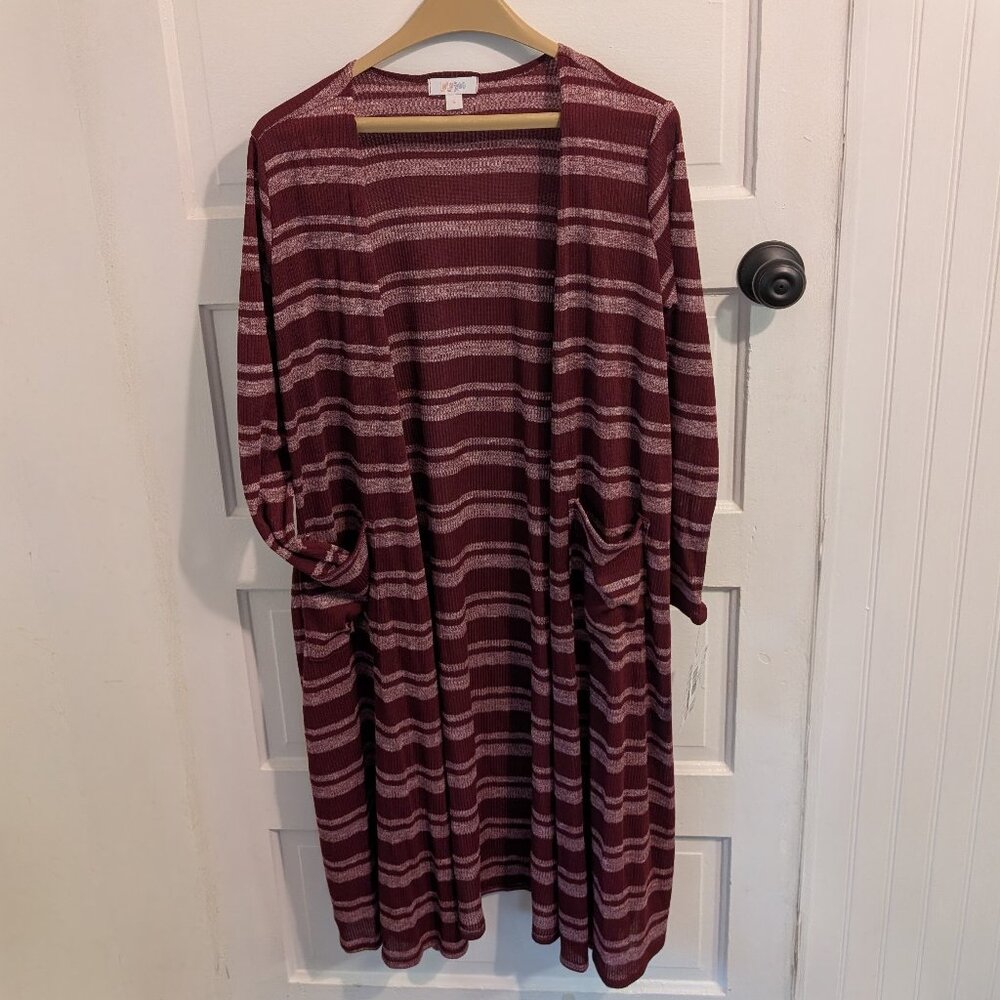 NWT LuLaRoe Women's Sarah Duster Cardigan Size Small Burgundy & White Striped